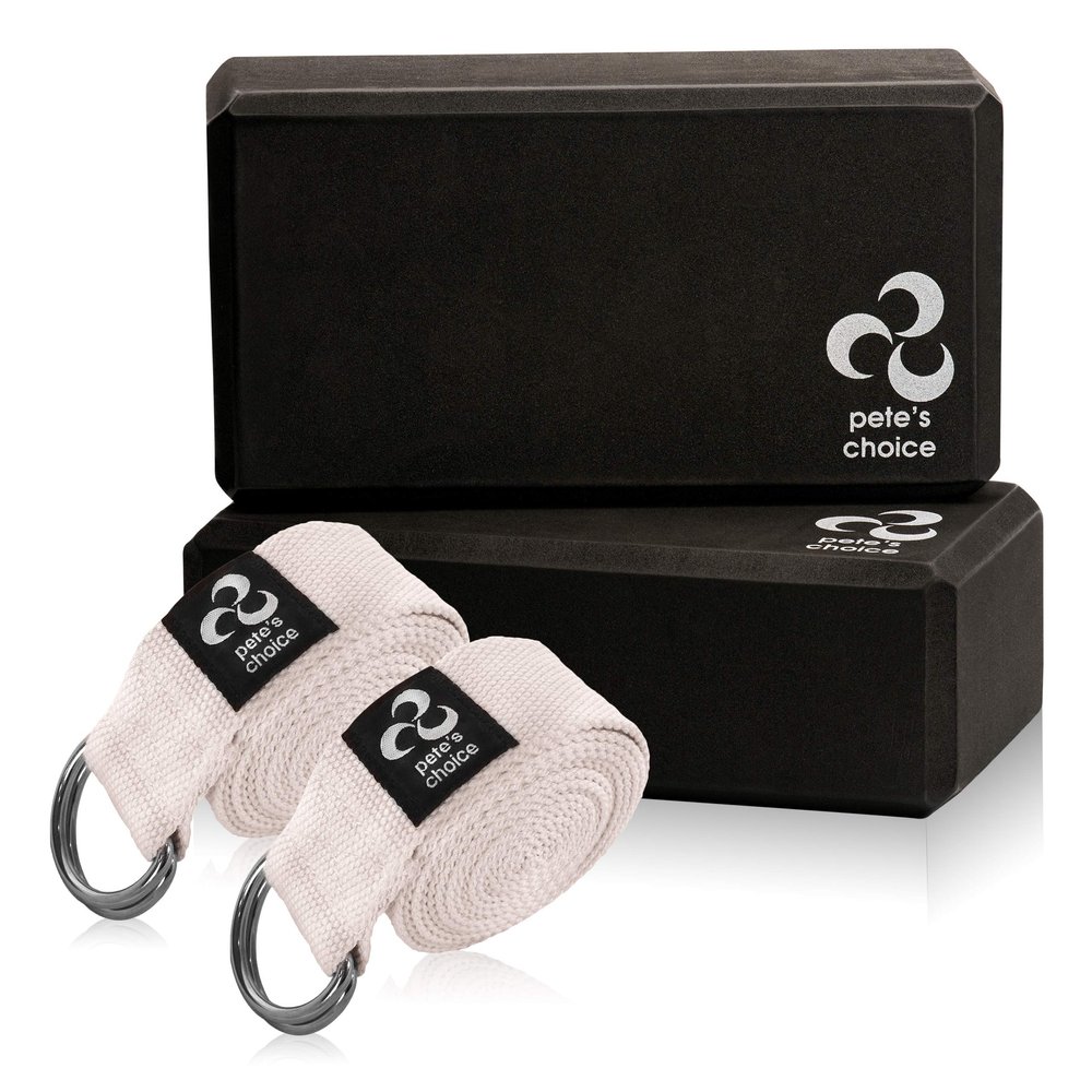 Pete's Choice 2 Yoga Blocks + 2 Yoga Straps - Starter Kit for Beginners, Ideal for Home Indoor Exercises