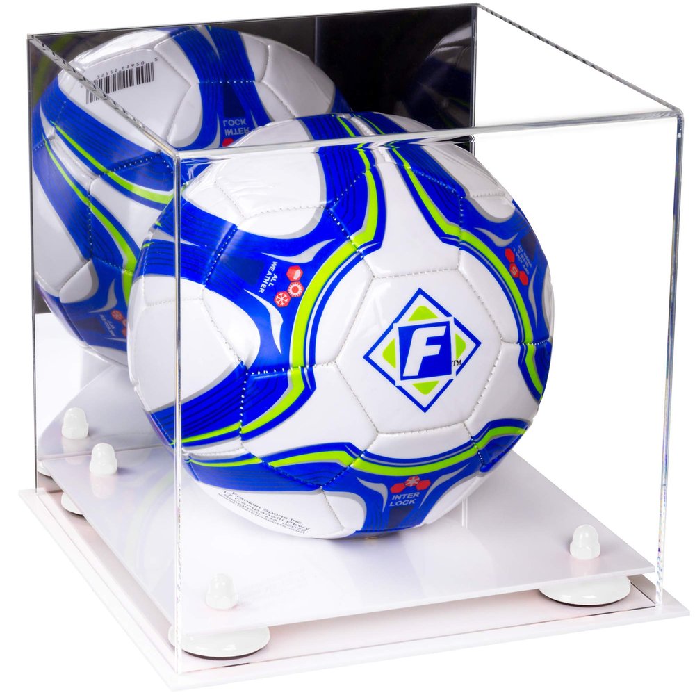 Better Display Cases Acrylic Display Case for Collectibles, Full Size Soccer Ball Display Case,White Risers & White Base, Handcrafted Showcase Box.DIM;9.75" L x 9.75" W x 9.75" H. (B02)