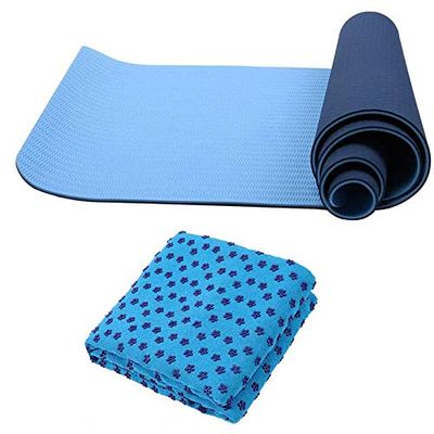 Attraction Design Yoga Mat Non Slip Exercise Mat Extra Thick Workout Mat Towel Set, Eco Friendly Exercise Yoga Mat High Density Fitness Pilates Mat with Carrying Strap, 72"x 24" (Blue Set)