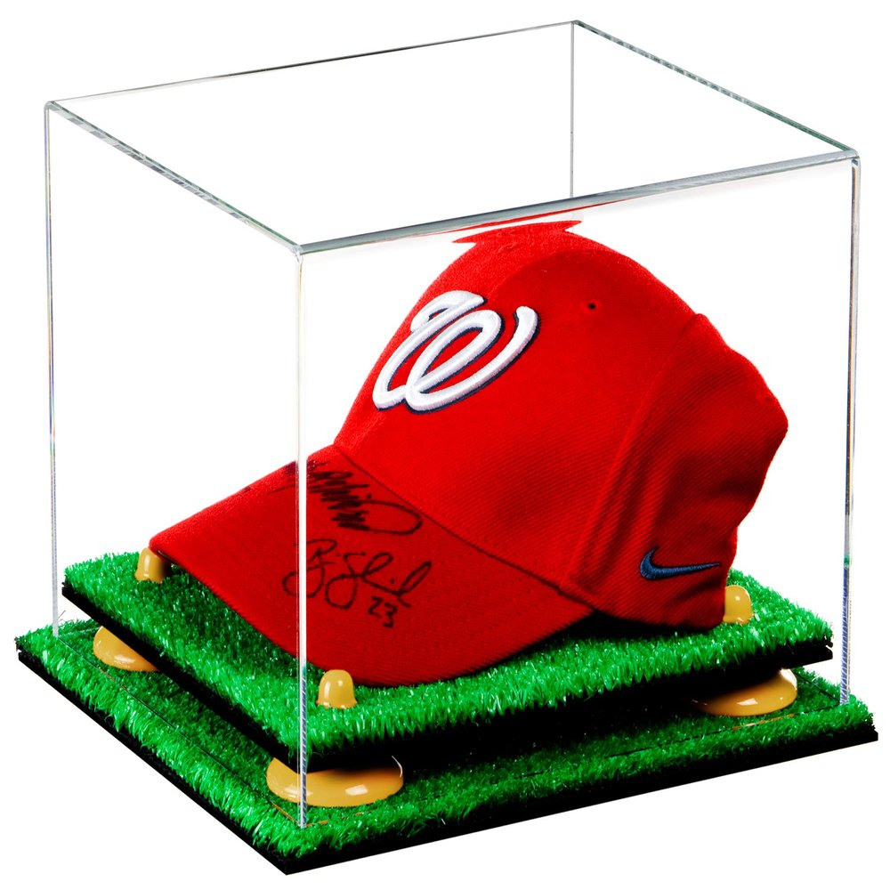 Better Display Cases Acrylic Baseball Cap Display Case with Clear, Yellow Risers and Turf Base (A006/V21)