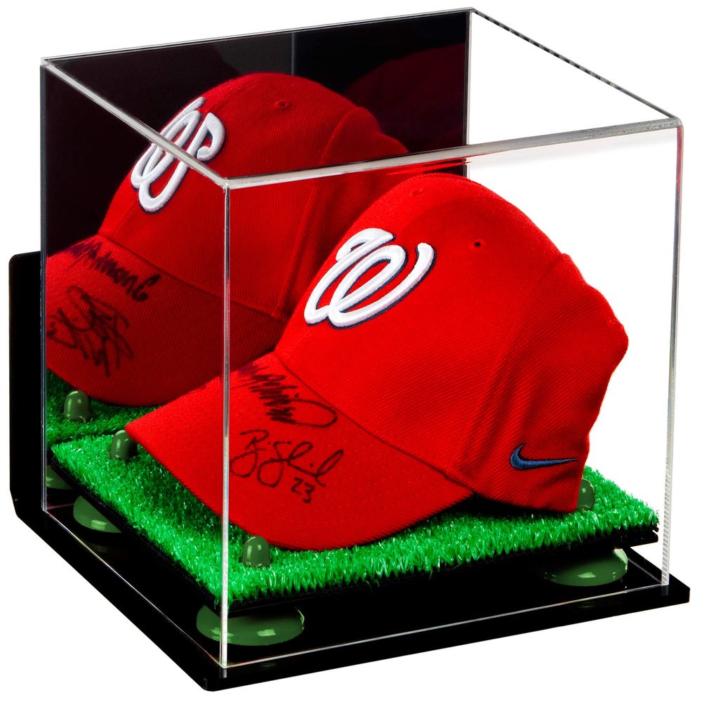Better Display Cases Acrylic Baseball Cap Display Case with Mirror, Wall Mount, Green Risers and Turf Base (A006/V21)