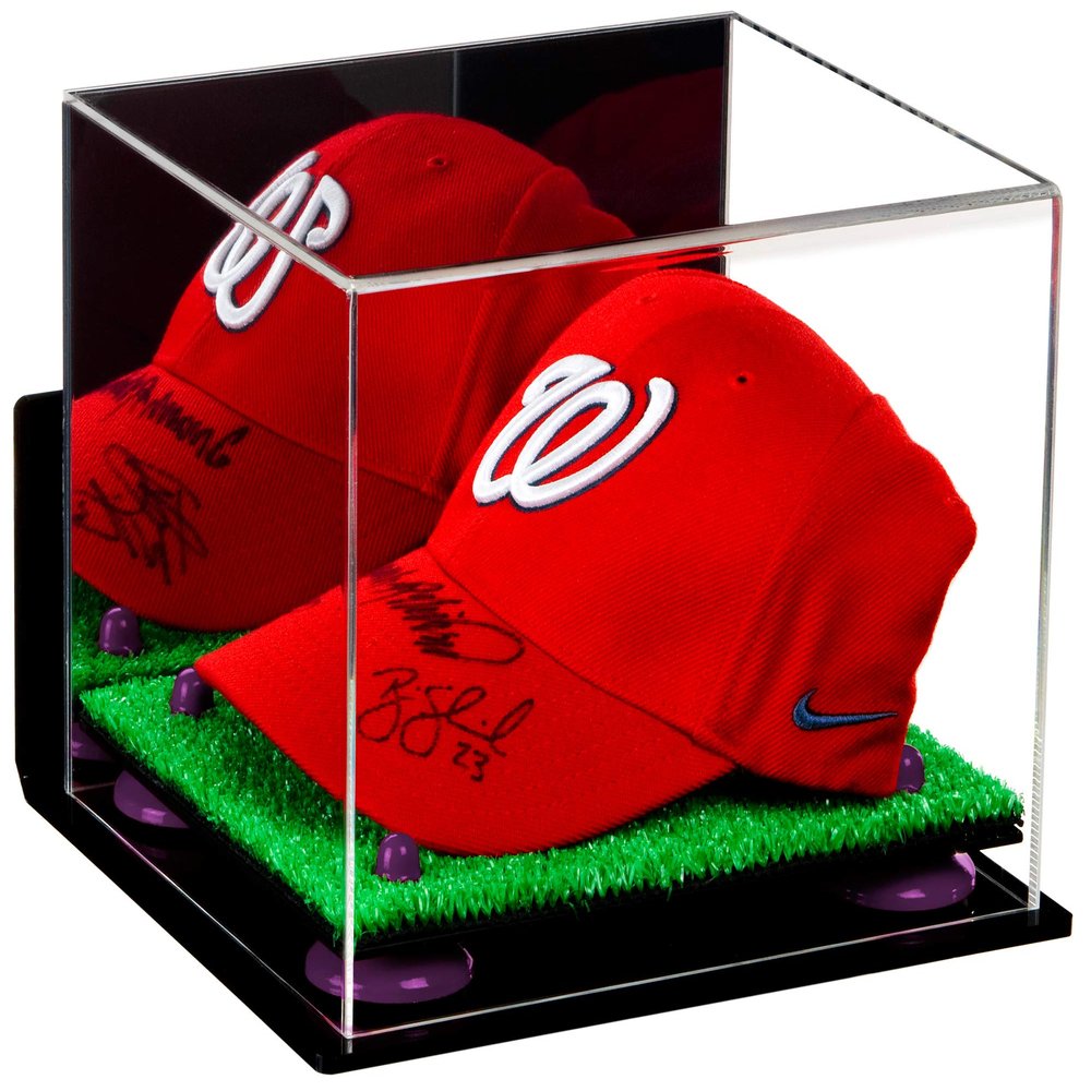 Better Display Cases Acrylic Baseball Cap Display Case with Mirror, Wall Mount, Purple Risers and Turf Base (A006/V21)