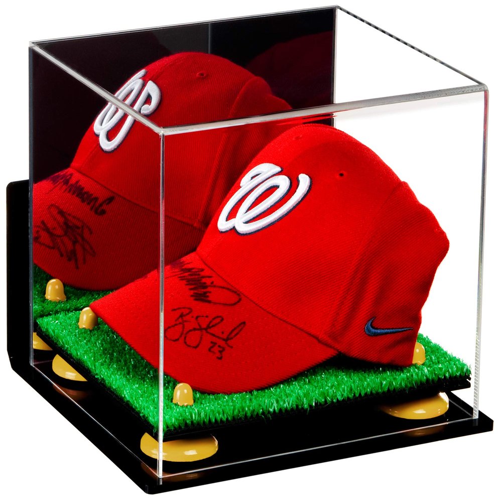 Better Display Cases Acrylic Baseball Cap Display Case with Mirror, Wall Mount, Yellow Risers and Turf Base (A006/V21)
