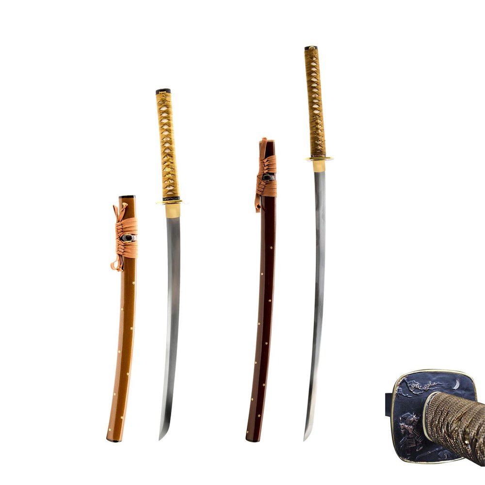 HMS Japanese Samurai Katana and Wakizashi Daisho Combo Set, Warrior and Fuji Tsuba, Hand Forged Heat Tempered, 1045 Carbon Steel, Black Wooden Scabbard, Sharp, Battle Ready