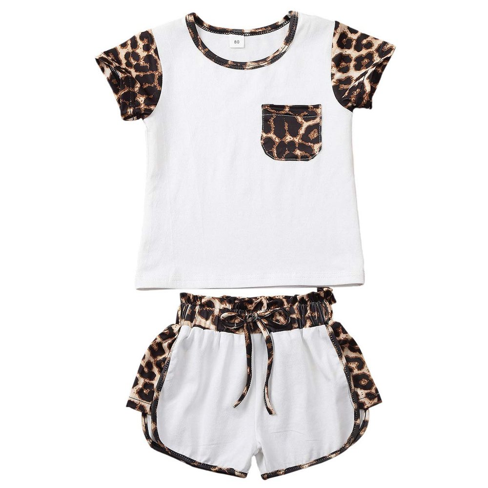 Kid Baby Girls Summer Shorts Set Leopard T-Shirt Top Drawstring Shorts 2Pcs Tracksuit Clothes Set 6M-6Y (White, 1-2Y)
