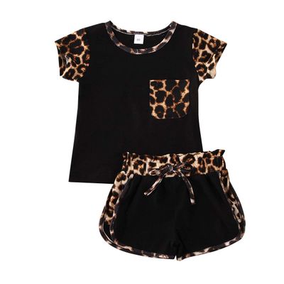 Kid Baby Girls Summer Shorts Set Leopard T-Shirt Top Drawstring Shorts 2Pcs Tracksuit Clothes Set 6M-6Y (Black, 3-4Y)