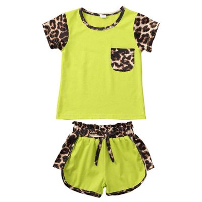 Kid Baby Girls Summer Shorts Set Leopard T-Shirt Top Drawstring Shorts 2Pcs Tracksuit Clothes Set 6M-6Y (Green, 3-4Y)