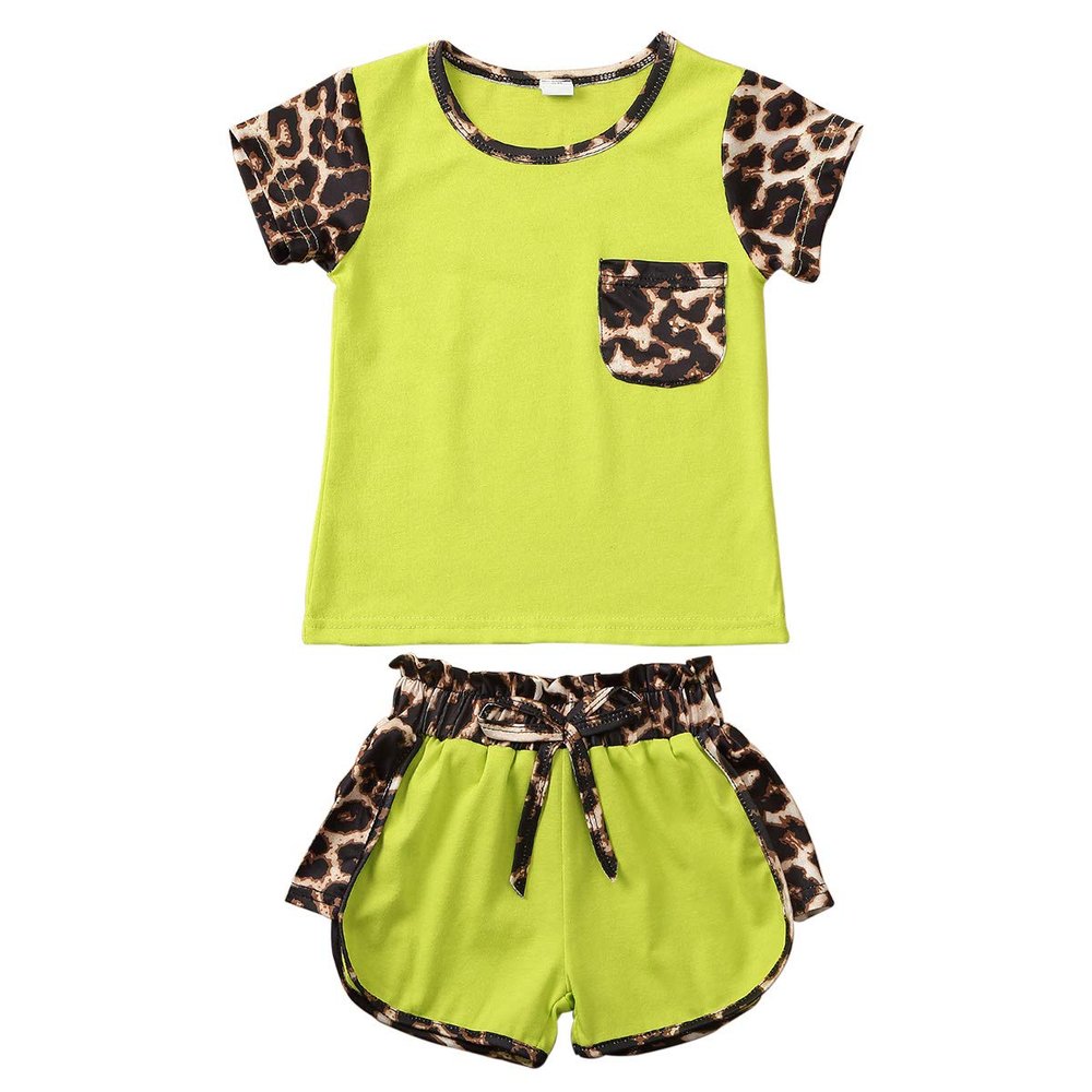Kid Baby Girls Summer Shorts Set Leopard T-Shirt Top Drawstring Shorts 2Pcs Tracksuit Clothes Set 6M-6Y (Green, 3-4Y)