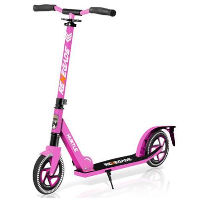 Compact Kick Scooter for Teens - Folding Stand Kick Scooters w/ Adjustable Height, Alloy Anti-Slip Deck, 8 Wheels, Mud Guard Front Wheel, For Kids, Boys/Girls 8+-Year-Old - HURTSPK (Pink)
