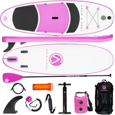 Crew Axel Inflatable Paddle Board 10336 Extra Wide & Lightweight (18lb) Paddle Board Premium SUP Set Includes 2 Bags, Floating Paddle, Camera Mount, 3 Fins, Dual Pump, Kids Adults Pink
