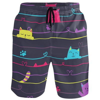 visesunny Funny Cat On The Line Print Men's Beach Short Hot Summer Swim Trunks Sports Running Bathing Suits