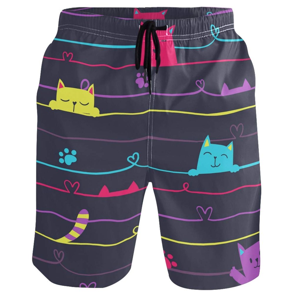 visesunny Funny Cat On The Line Print Men's Beach Short Hot Summer Swim Trunks Sports Running Bathing Suits