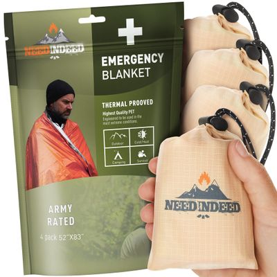 NEEDINDEED 4-Pack Emergency Space Blankets, 83x52 inches, Silver, Polyester, High Thermal Performance, Water Resistant, Compact, Unisex, All Seasons, Survival, Car, Reflective Material, Lightweight