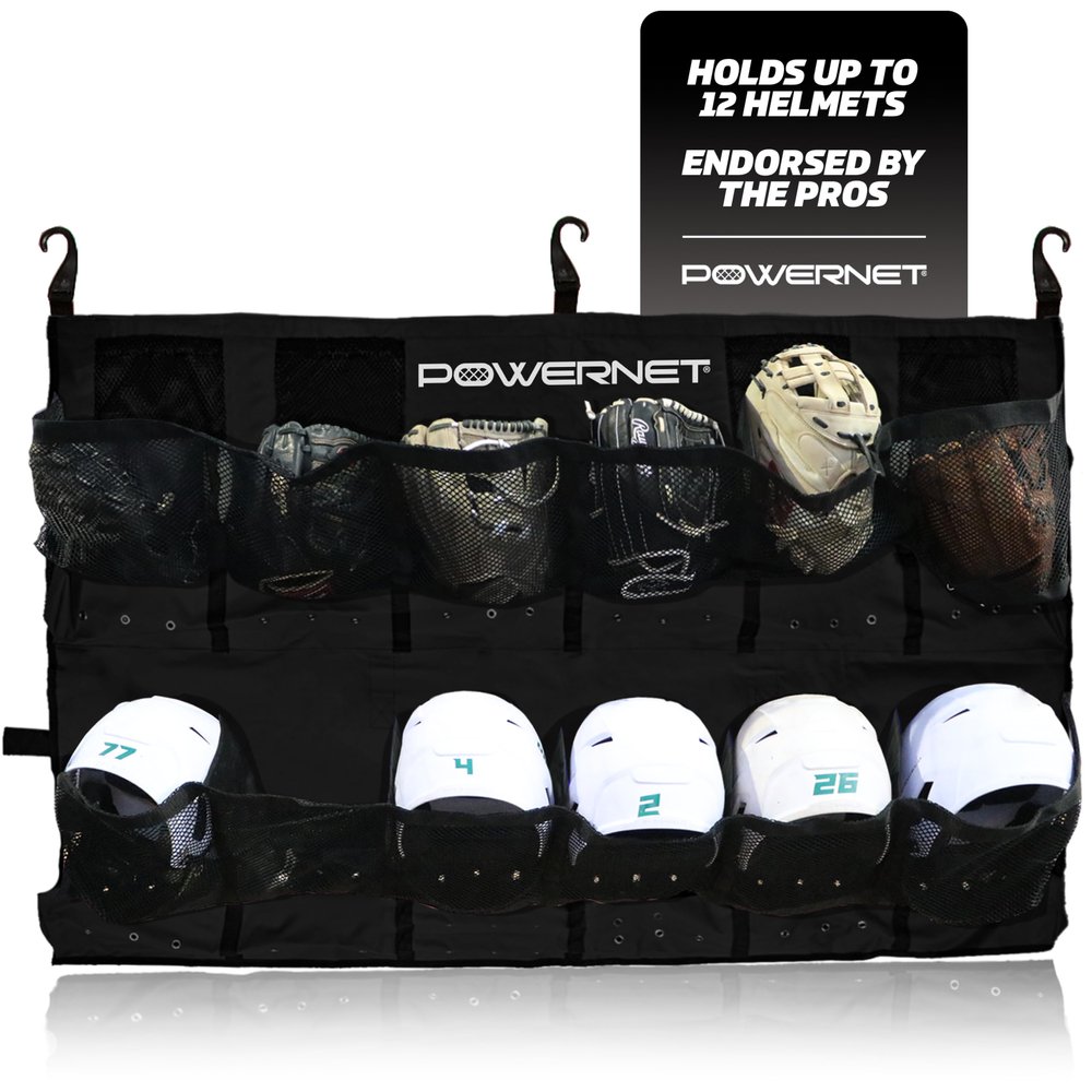 PowerNet Softball & Baseball Helmet Hanging Organizer, 12 Pocket Glove & Helmet Storage Holder & Dugout Organizer, Portable Baseball Gear Training Equipment Holder (Black)