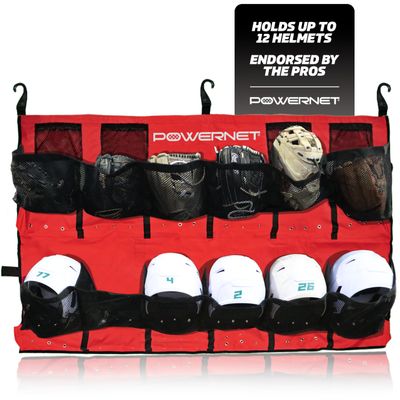PowerNet Softball & Baseball Helmet Hanging Organizer, 12 Pocket Glove & Helmet Storage Holder & Dugout Organizer, Portable Baseball Gear Training Equipment Holder (Red)