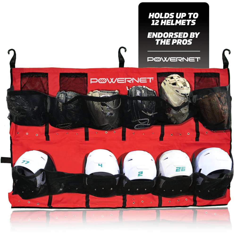PowerNet Softball & Baseball Helmet Hanging Organizer, 12 Pocket Glove & Helmet Storage Holder & Dugout Organizer, Portable Baseball Gear Training Equipment Holder (Red)