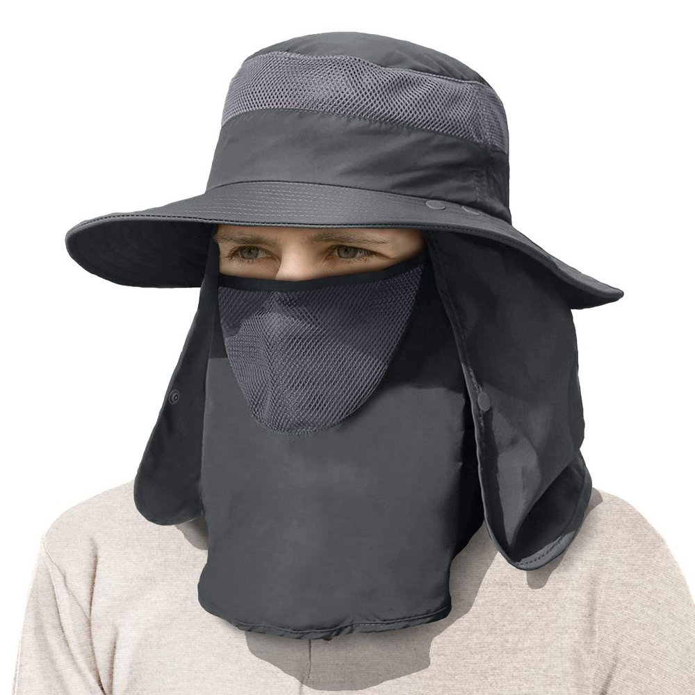 IYEBRAO Mens Outdoor Sun Hat with Face Neck Flap UV Protection for Fishing Hiking Garden (Dark Gray)