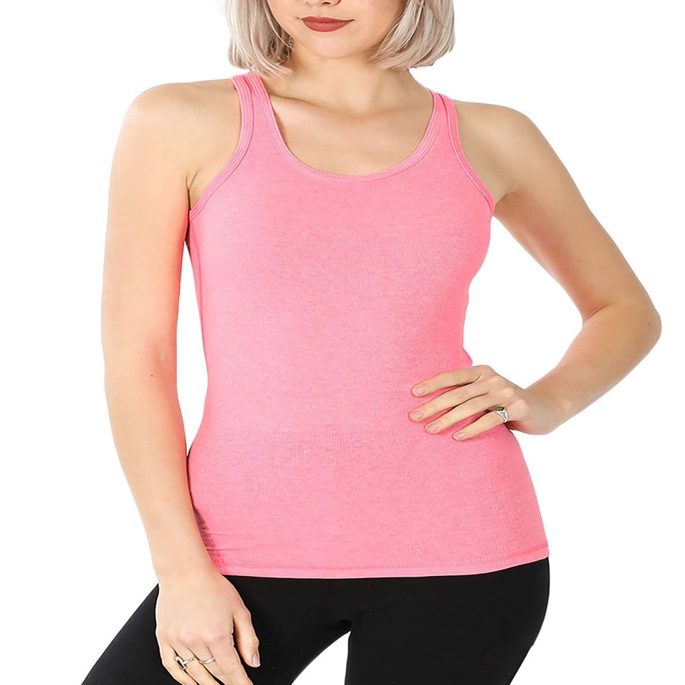 Zenana Women's Plain Solid Color Ribbed Racerback Tank Top Shirt Plus Sizes (XX-Large, NEON Pink)