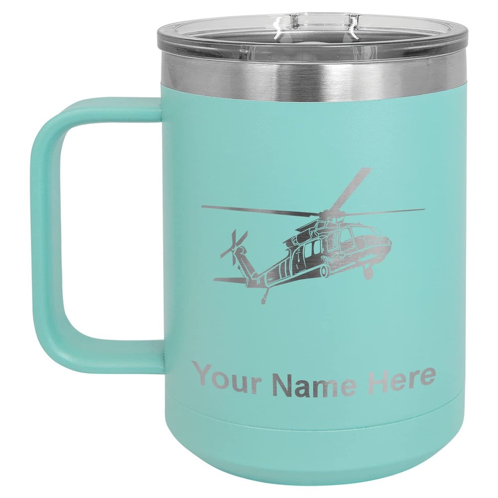 LaserGram 15oz Vacuum Insulated Coffee Mug, Military Helicopter 1, Personalized Engraving Included (Teal)
