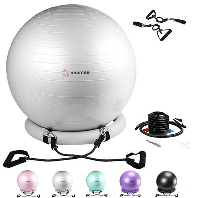 NEUMEE Yoga Ball Chair with 65cm Exercise Ball & 2 Resistance Bands, Stability Base for Home Office, Yoga, Pilates & Fitness, Balance Ball for Posture, Core Strength & Low Impact Workouts (Grey)