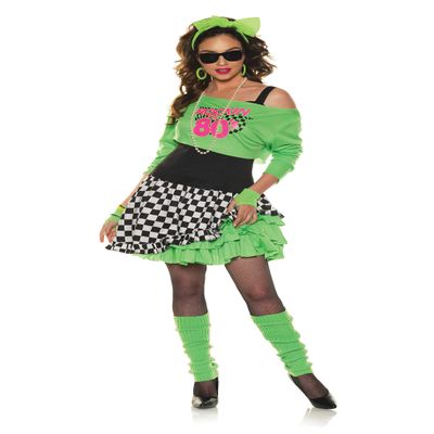 Underwraps Totally Awesome Mini Dress Costume Women's 80" Inspired Fresh and Rockin Screen Printed Off The Shoulder Mini Dress with Attached Checkered Layered Skirt Green
