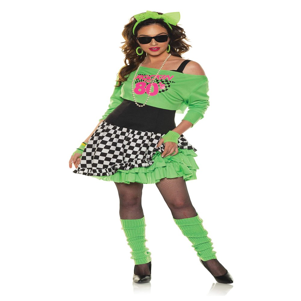 Underwraps Totally Awesome Mini Dress Costume Women's 80" Inspired Fresh and Rockin Screen Printed Off The Shoulder Mini Dress with Attached Checkered Layered Skirt Green