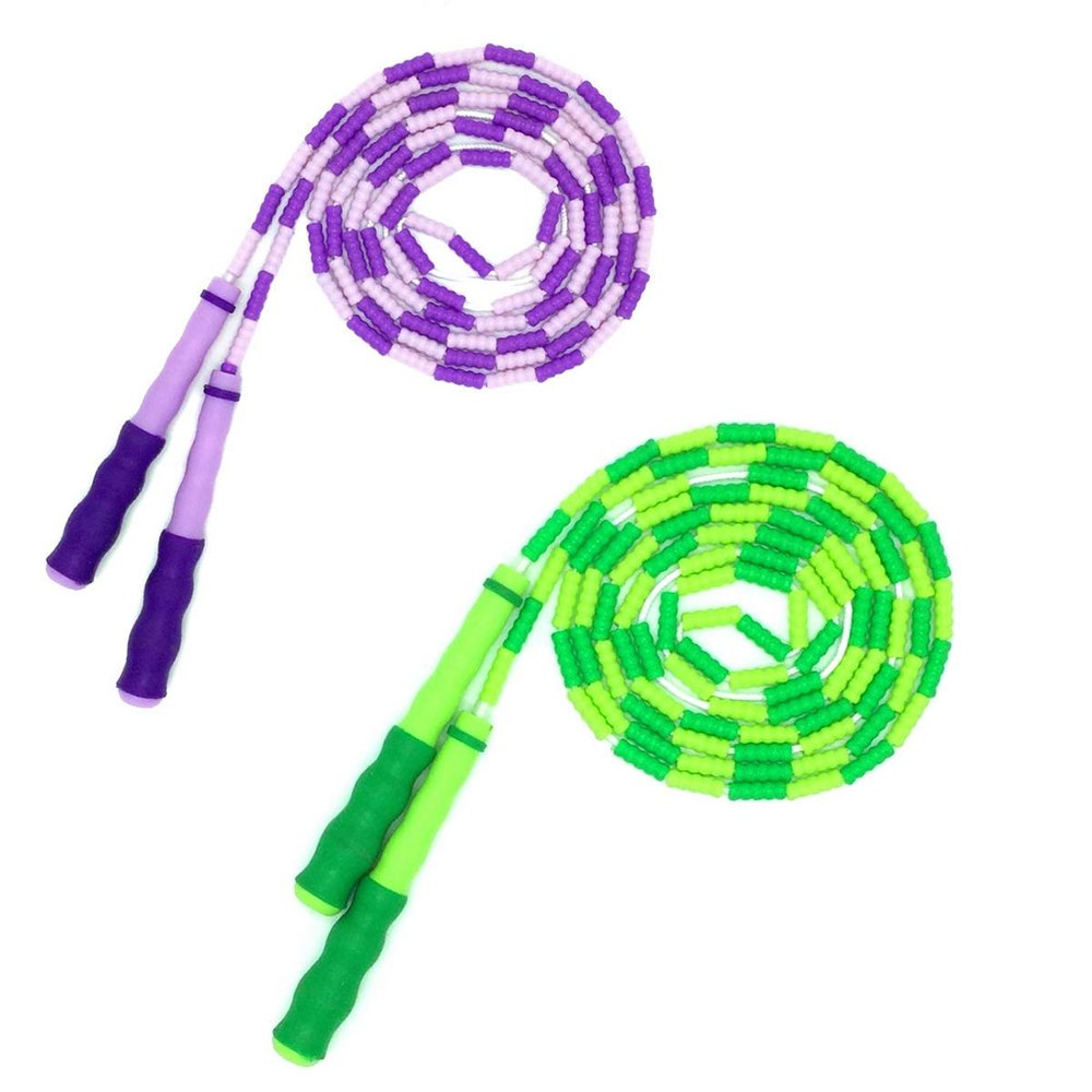 HAPYLY Soft Beaded Jump Rope Sports Plastic Segmented Jump Rope Skipping Rope Adjustable Tangle-Free Fancy Rope for Children Men and Women (Purple+ Green)