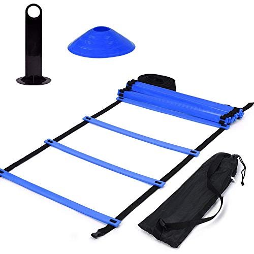 Speed Train Kit, and Spped Training Ladder 19Ft Flat Ladder + 10pcs Disc Cones Health Ideal Fitness Exercise Drill Equipment(Blue) Athletics Supplies Speed Ladder Ladder Set