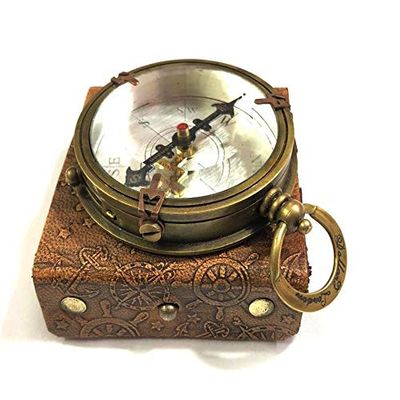 Antique Nautical Brown Round Silver Dial Compass 2.5" Brass Navigation Compass with Leather Box