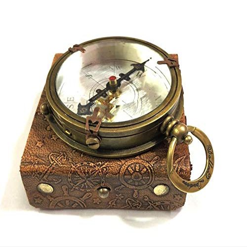 Antique Nautical Brown Round Silver Dial Compass 2.5" Brass Navigation Compass with Leather Box