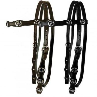 Double Stitched Leather Browband Headstall w/Silver Star Conchos & Reins (Black)