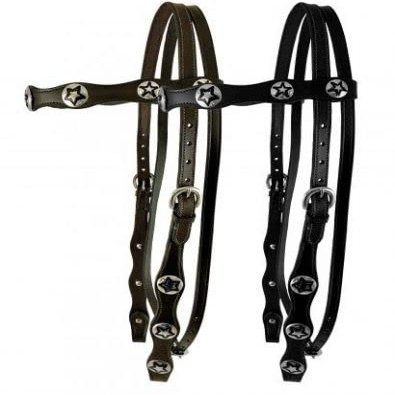 Double Stitched Leather Browband Headstall w/Silver Star Conchos & Reins (Black)