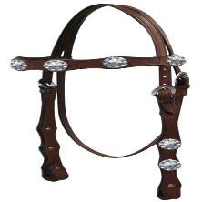 Double Stitched Leather Browband Headstall w/Engraved Silver Conchos (Brown)