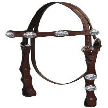 Double Stitched Leather Browband Headstall w/Engraved Silver Conchos (Brown)