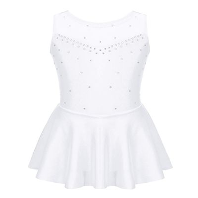 Oyolan Kids Girls Ice Skating Sparkle Diamond V-Shaped Sheer Tulle Splice Leotard A-line Dress for Latin Jazz White 6