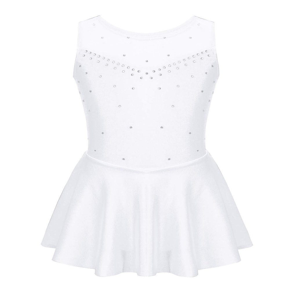 Oyolan Kids Girls Ice Skating Sparkle Diamond V-Shaped Sheer Tulle Splice Leotard A-line Dress for Latin Jazz White 6