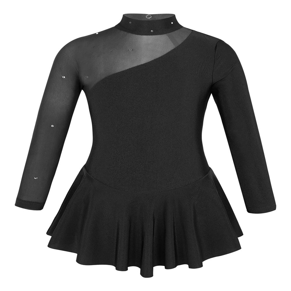 Oyolan Kids Girls Long Sleeves Mock Neck Tulle Splice Cut Out Back Roller Ice Figure Skating Dress Dancewear Black 10