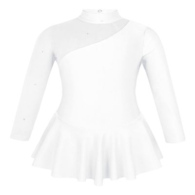Oyolan Kids Girls Long Sleeves Mock Neck Tulle Splice Cut Out Back Roller Ice Figure Skating Dress Dancewear White 8