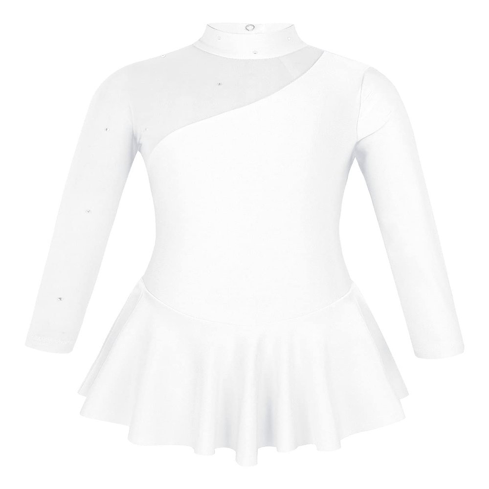 Oyolan Kids Girls Long Sleeves Mock Neck Tulle Splice Cut Out Back Roller Ice Figure Skating Dress Dancewear White 8