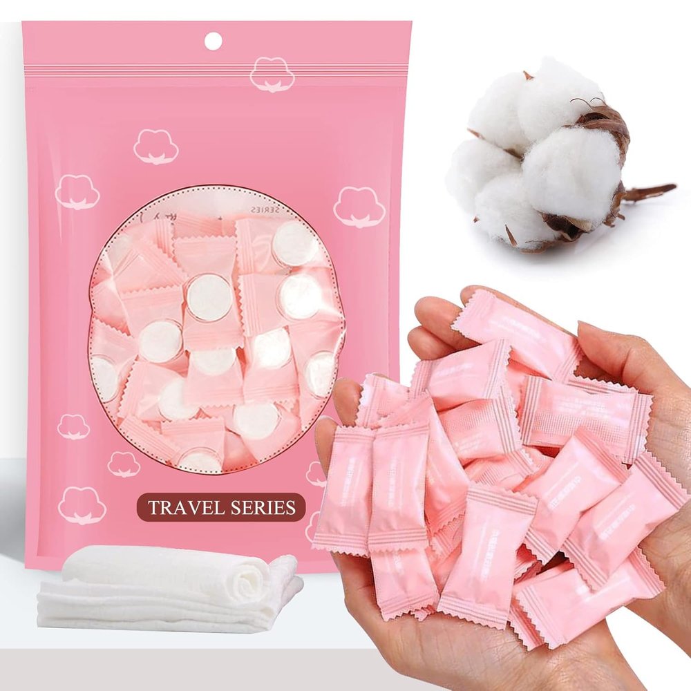 50 Pieces Compressed Towels Tablets, Portable Disposable Cotton Hypoallergenic Dehydrated Expandable Compressed Face Towels Travel Washcloths Coin Tissues for Home Beauty and Outdoors Hiking Camping
