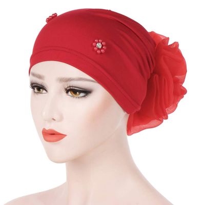 SoundsBeauty Islamic Muslim Hijab Faux Pearl Rhinestone Women Flower Back Turban Hat Headwrap for Adults Red