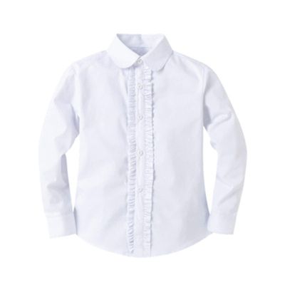 Bienzoe Girls Shirt Long Sleeve: White Button Up Kids School Uniform Cotton Oxford Collared Ruffle Dress Blouse Size XL