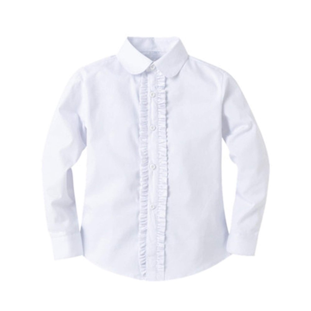 Bienzoe Girls Shirt Long Sleeve: White Button Up Kids School Uniform Cotton Oxford Collared Ruffle Dress Blouse Size XL