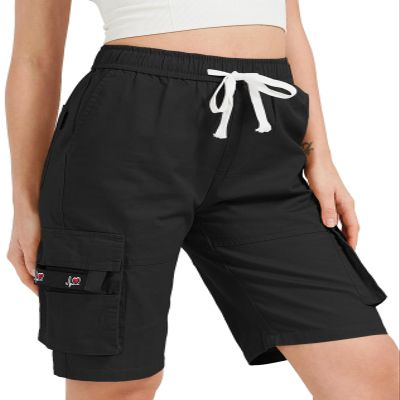 XinYangNi Women Casual Cotton Cargo Shorts Elastic High Waisted Summer Knee Length Loose Fit Drawstring Bermuda Shorts Black US 4-6