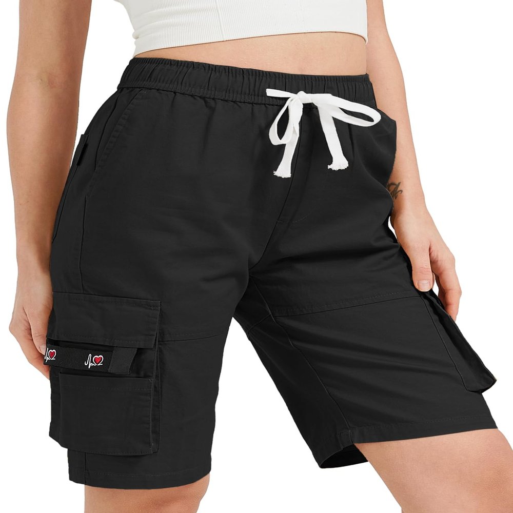 XinYangNi Women Casual Cotton Cargo Shorts Elastic High Waisted Summer Knee Length Loose Fit Drawstring Bermuda Shorts Black US 4-6