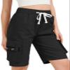 XinYangNi Women Casual Cotton Cargo Shorts Elastic High Waisted Summer Knee Length Loose Fit Drawstring Bermuda Shorts Black US 4-6 view 1