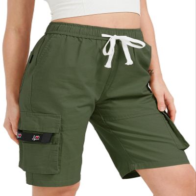 XinYangNi Women Casual Cotton Cargo Shorts Elastic High Waisted Summer Knee Length Loose Fit Drawstring Bermuda Shorts Army Green US 12-14
