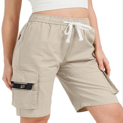 XinYangNi Women's Casual Cargo Shorts Cotton Elastic Waist Drawstring Loose Fit Outdoor Multi-Pockets Beige US 4-6
