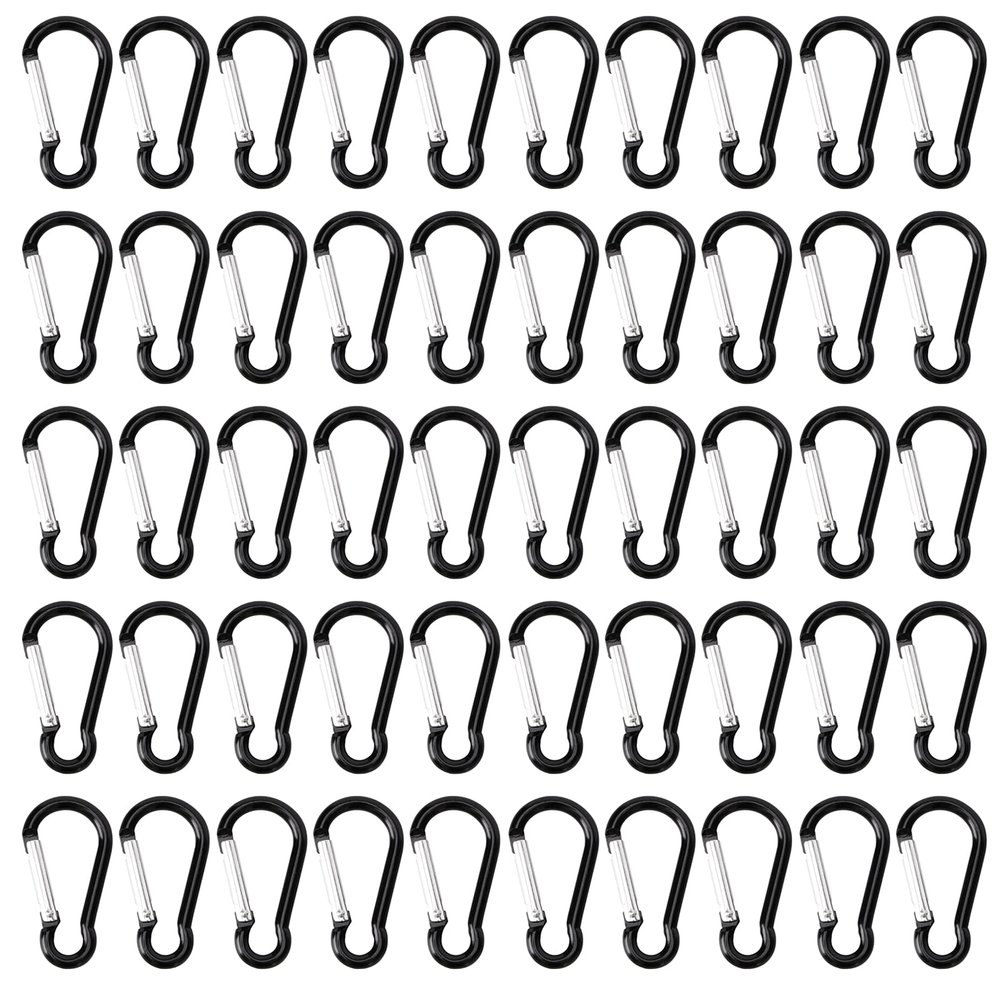 50pcs Spring Snap Hook Aluminum Carabiner Buckle Pack Mini Keychain Clip Lightweight D Shape Key Chain Clip Hook for Outdoor Camping Hiking Fishing Traveling, Black