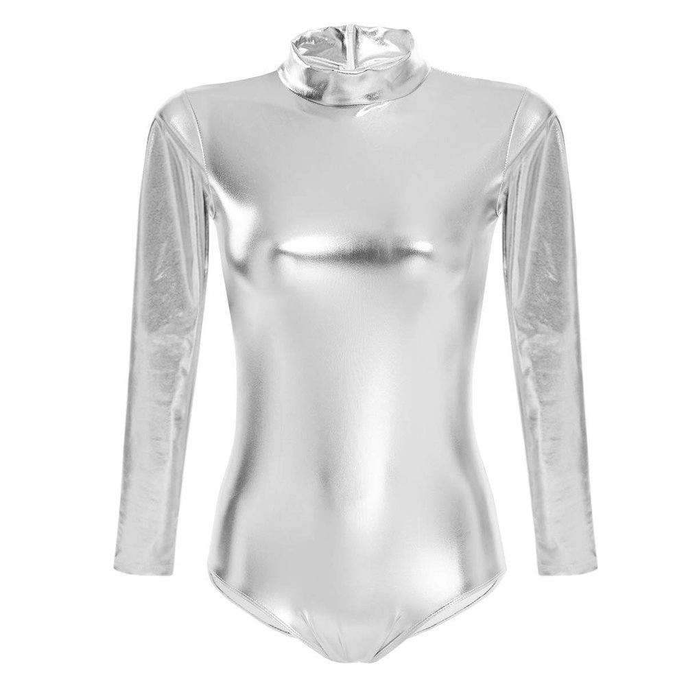 IBAKOM Gymnastics Leotards for Adults Girls Woman Youth Long Sleeve Competition Sparkle Shiny Majestic Patent Leather One Piece High Cut Thong Work Out Bodysuit Dancewear Costumes Jumpsuit Silver M
